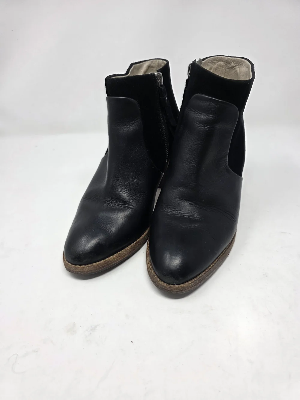 Boden Black Leather Suede Ankle Boots Women’s 36.5 Block Heel Zip Booties